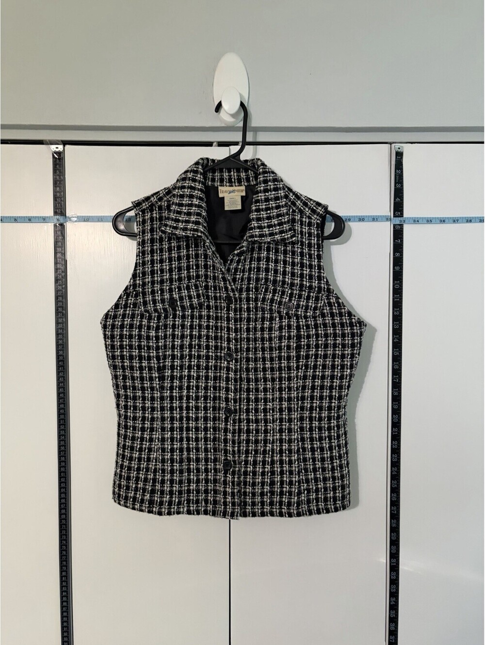 TravelSmith Tweed Boucle Vest Black White Plaid Sz Small Lined